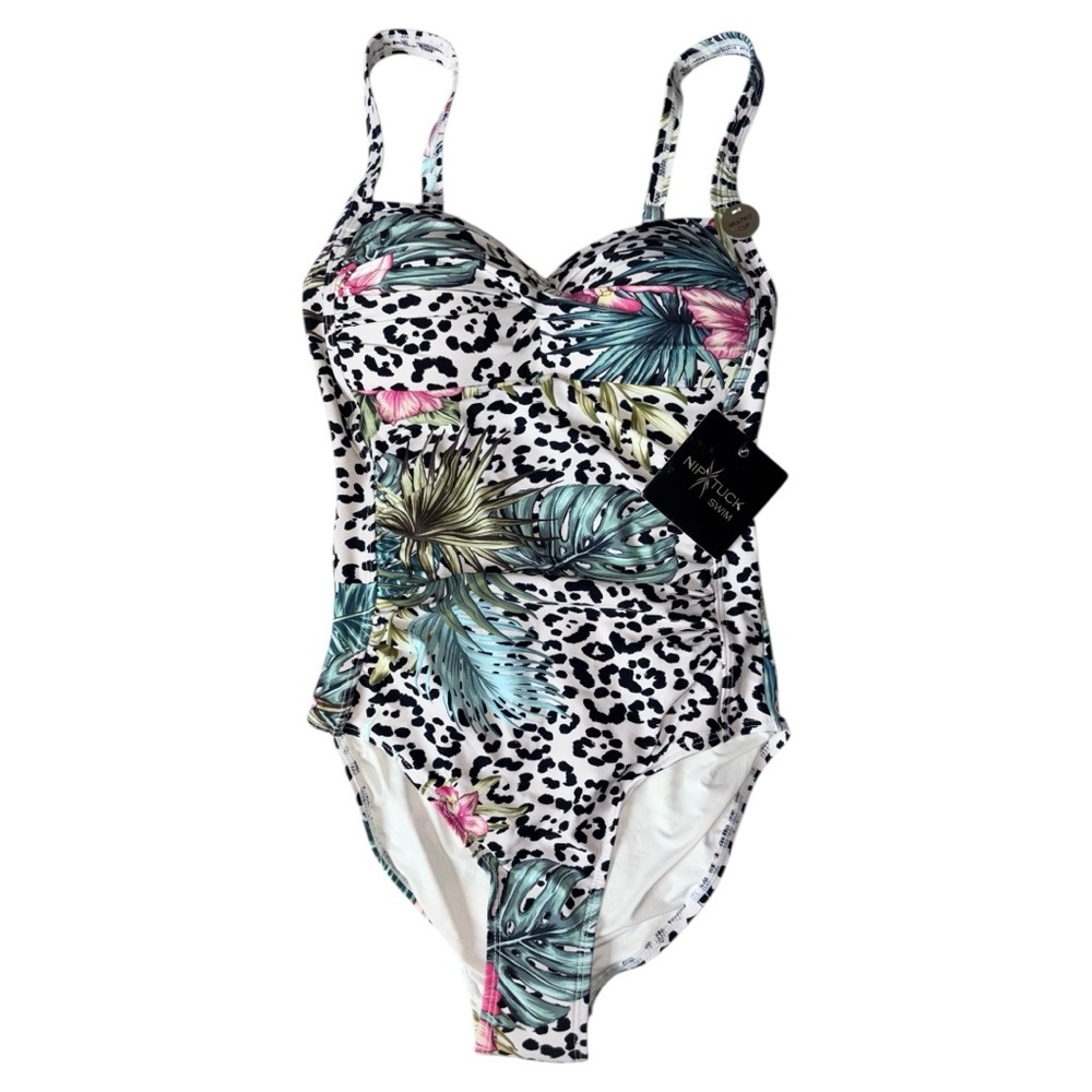 NWT Nip Tuck Multi Cup Fit One Piece Swimsuit Tropical Peach Leopard Print Sz 4